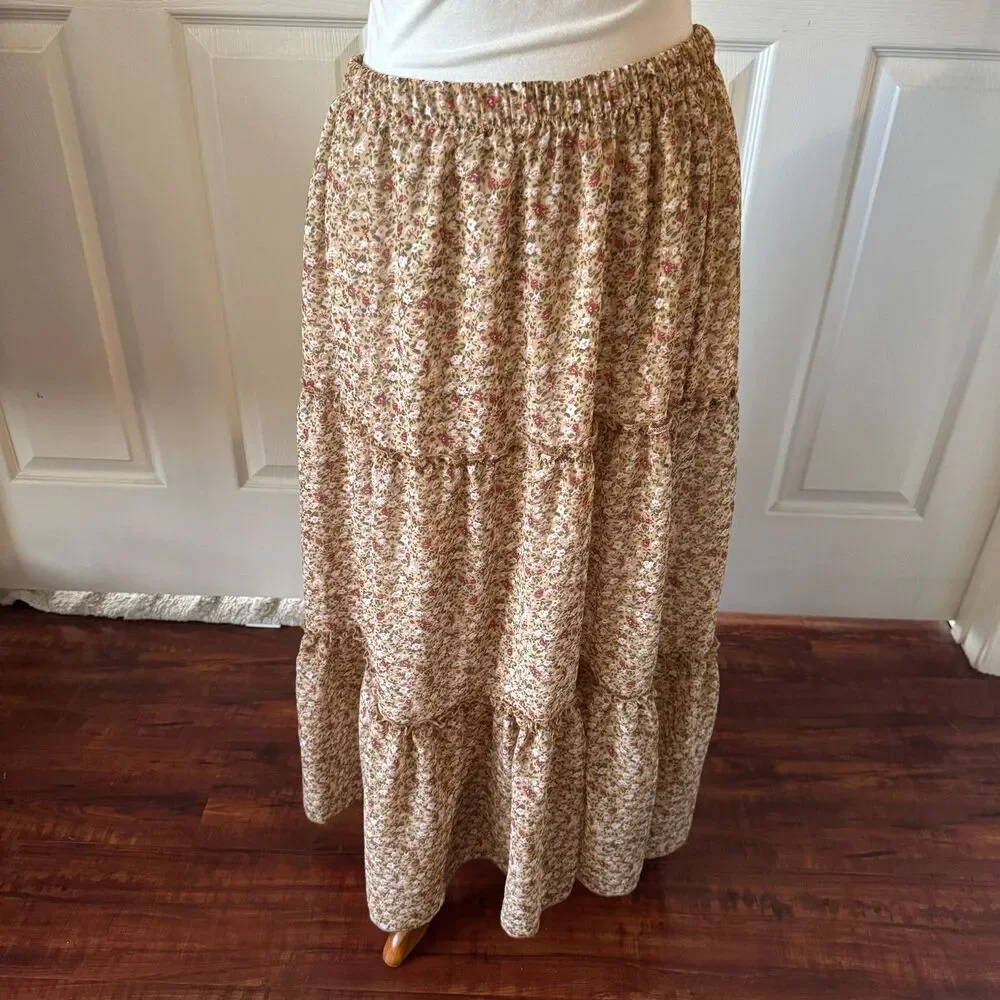 Tiered Womens Floral Skirt Large Cottagecore Fairy Lined Elastic Waist Brown